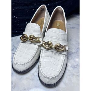 Tory Burch Jessa White Croc Embossed Leather Brass hardware Heeled Pumps EUC 6.5
